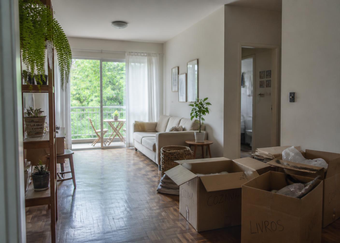 Sala de apartamento com caixas de mudança em luz natural